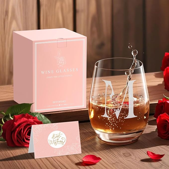 Valentines Day Gifts for Her, Gifts for Women Her Friend Mom Grandma Wife Sister Bridesmaid Nurse, Birthday Galentines Mothers Day Christmas, Personalized Initial Customized Wine Glasses 18OZ(M)