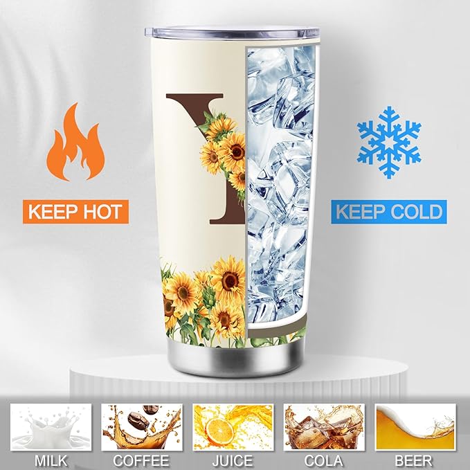 Sunflower Gifts for Women - Personalized Christmas Gifts for Women - Birthday Gift for Woman - Mothers Day Gift for Mom - Monogrammed, Initial 20oz Travel Cup Insulated Tumbler with Lid, Y