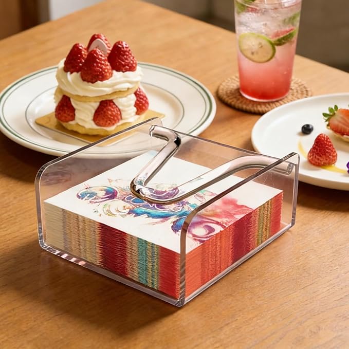 Clear Acrylic Gravity-Fed Napkin Holder with Weighted Arm, 6.5x6.5 Inch - SET OF 2, Keeps Napkins in Place for Home & Commercial Use