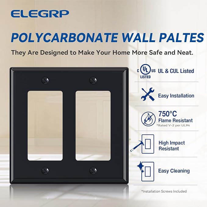 ELEGRP 2-Gang Decorative Wall Plates, Standard Size 4.53" H x 4.57" L Unbreakable Thermoplastic Faceplate Cover for Decorator Receptacle Outlet Switch, UL Listed (10 Pack, Glossy Black)