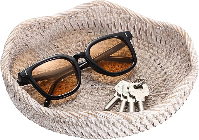 Hipiwe Decorative Key Tray Rattan Storage Bowl Food Serving Basket for Fruit Bread Candy Handwoven Basket Tray for Entryway Table Kitchen, Whitewash 8.6 Inch