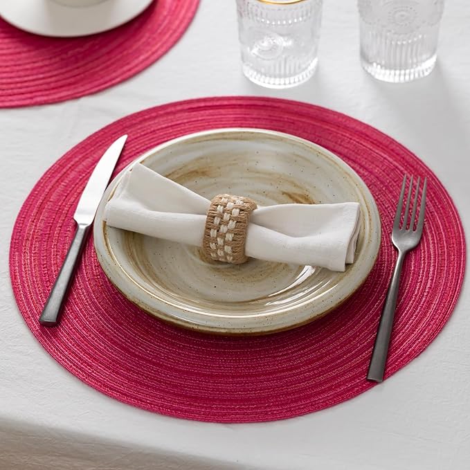 Round Placemats Set of 8 Woven Placemats Washable Braided Table Mats for Dining Table Heat Resistant Non-Slip Circle Place Mats(Pink)
