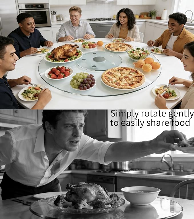 34" Glass Lazy Susan for Dining Table, Glass Turntable Table Centerpiece with 6 Rotating Wheels, 360° Smooth and Silent Spin Tabletop Rotating Tray, for Family Gatherings, Banquets, Weddings, 86 cm