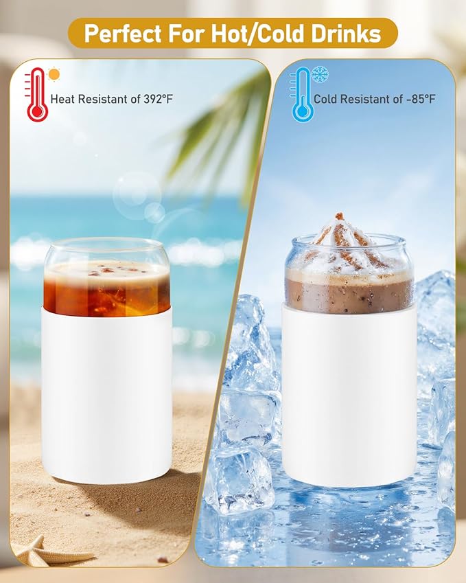 sungwoo Glass Cups with Lids and Straws, 4 Pack 16OZ Iced Coffee Cups with Silicone Sleeve, Glass Tumbler with Straw and Bamboo Lid, Home Essential Drinking Set for Juice, Cocktail and Latte White