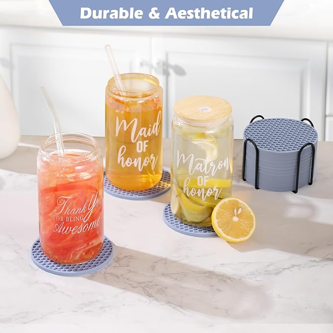 Coasters Set of 6 with Holder,Coasters for Drinks,Coffee Table Decor Coaster,Suitable for Kinds Cups,Anti-Slip,Non-Stick,Silicone Cup Coaster and Living Room Decor (6 Pcs, Blue)