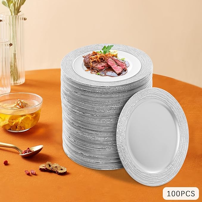 100 Pcs Silver Charger Plates Bulk, 13 Inch Antique Plastic Round Chargers Set, Textured Decorative Dinner Plates for Wedding Party Banquet Event Festival Table Decoration (Silver)