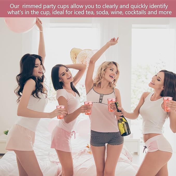 Patelai 100 Pcs Valentine's Day Plastic Cups 12 oz Pink Rimmed Plastic Cups Heavy Duty Disposable Wine Glasses Clear Pink Cocktail Glasses Drinking Tumblers for Galentines Day Party Wedding