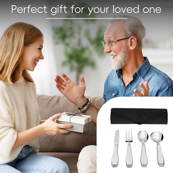 Weighted Utensils for Hand Tremors and Parkinson's Patients - 4 Piece Set of Heavy Stainless Steel Silverware for Elderly, Arthritis, Weak Hand Grip - Includes Knife,Fork,Spoons with Travel Bag,7 Oz