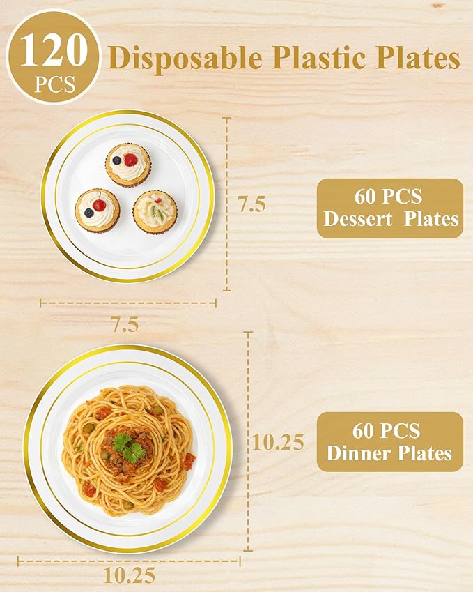 Quatish 120 Pcs Gold Rim Disposable Plastic Plates for Party,Wedding Plate Includes 60 Pes 10.25 Inch 60 Pes 7.5 Inch Heavy Duty Dinner & Dessert Plates, Perfect for Festivals,Picnics,in White