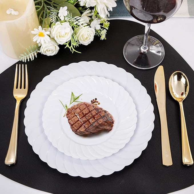 U-QE 100 Pieces White Plastic Plates - 9 Inch White Disposable Plates - Washable & Reusable - Premium Hard Plates - Party Supplies for Party, Celebrations, Travel, Wedding, Party and Events