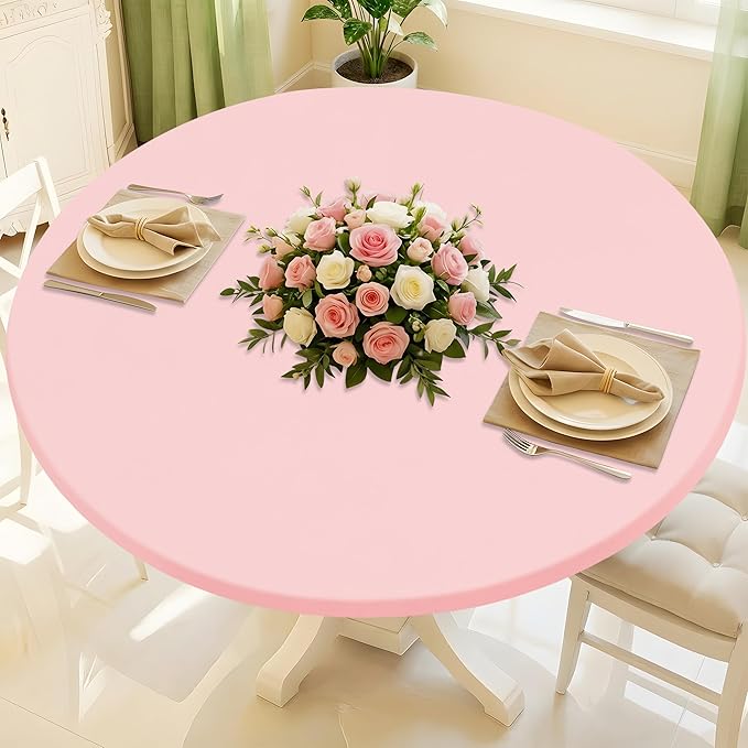 Round Spandex Valentines Day Tablecloth, Elastic Fitted Waterproof Tablecloths for 18"-24" Tables, Stretch Washable Picnic Table Cover for Camping, Dining, Indoor and Outdoor, Pink