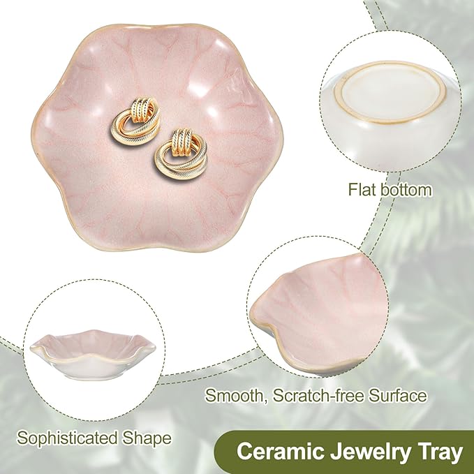 uxcell 2Pcs Ceramics Jewelry Plate, Lotus Leaf Shape Key Holder Bowl for Entryway Table Decor Small Ring Tray Dish Gift for Women Girlfriend, Pink/White
