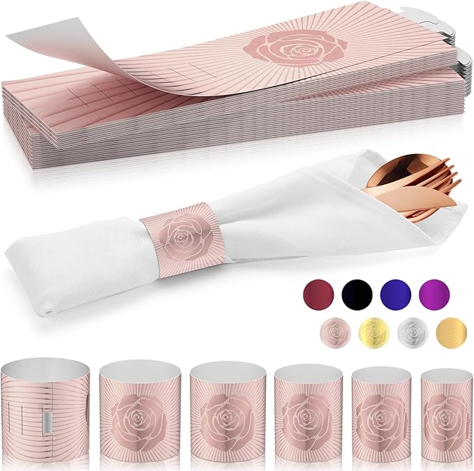 Christmas Napkin Rings Set of 50, 2 Colors in 1, Reusable Adjustable Napkin Bands for Holiday Parties, Wedding, Thanksgiving Table Decor, Waterproof Tear-Proof (Rose Gold) Great Gift Idea