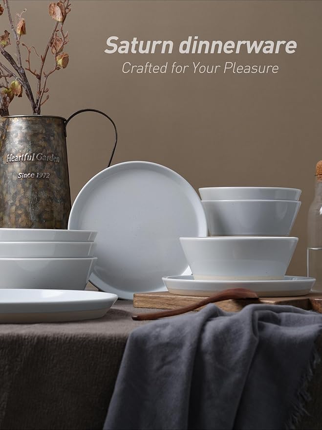 Famiware Saturn 16 Pieces Plates and Double Bowls Sets for 4, Stoneware Dinnerware Set with Pasta Bowl, Dish Set with Trim - Chip & Scratch Resistant, Microwave & Dishwasher Safe, Light Gray
