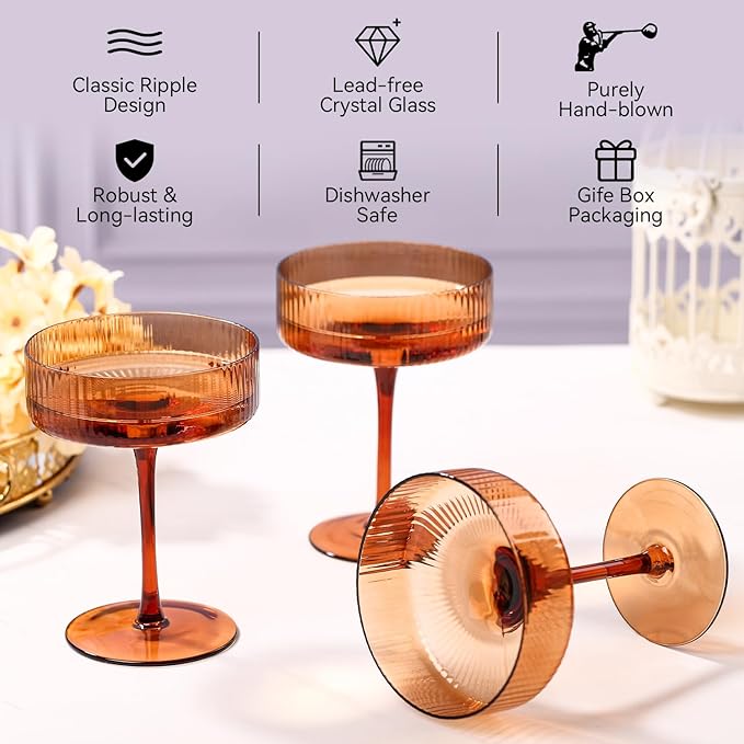 9 oz Dark amber Vintage Art Deco Coupe Glasses Set of 6 Brown Ribbed martini Glasses |Vintage Cocktail Glasses Set,Unique Colored Coupe Glass