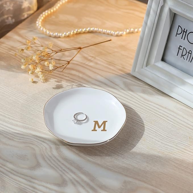 Initials Ring Dish Jewery Tray with Personalized M-Monogrammed Mother's Day Gifts Wedding Engagement for Women Friends sister,Ceramic White