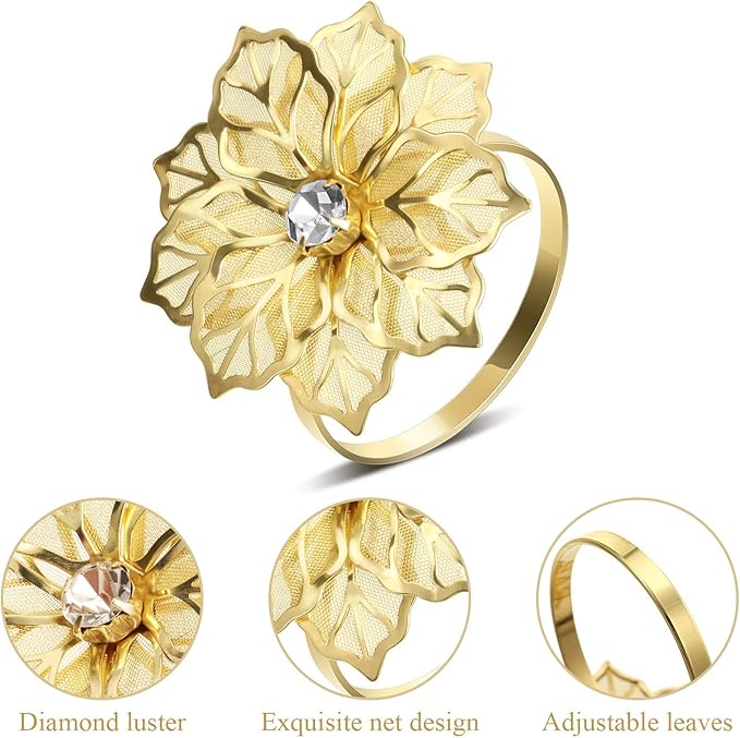 Hotop 24 Pcs Gold Napkin Rings Flower Napkin Holders Buckles Hollow Out Rhinestone Christmas Delicate Serviette Buckles for Thanksgiving Party Gathering Dinner Wedding Banquet Holiday Table Decor