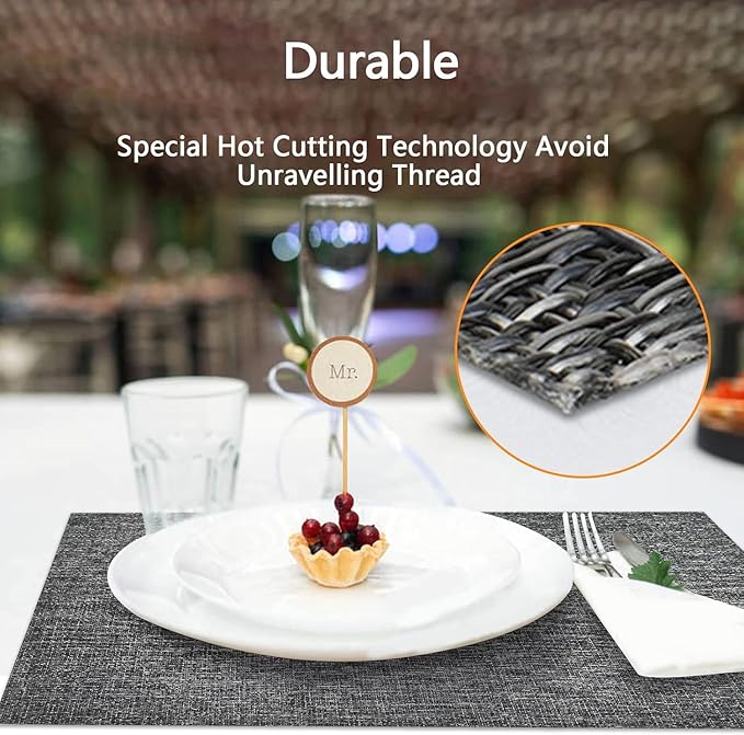 DACHUI Placemats Set of 4, Linen Look Woven Place Mats, Water Resistant, Heat Resistant, Washable, Durable Table Mats (Dark Grey)