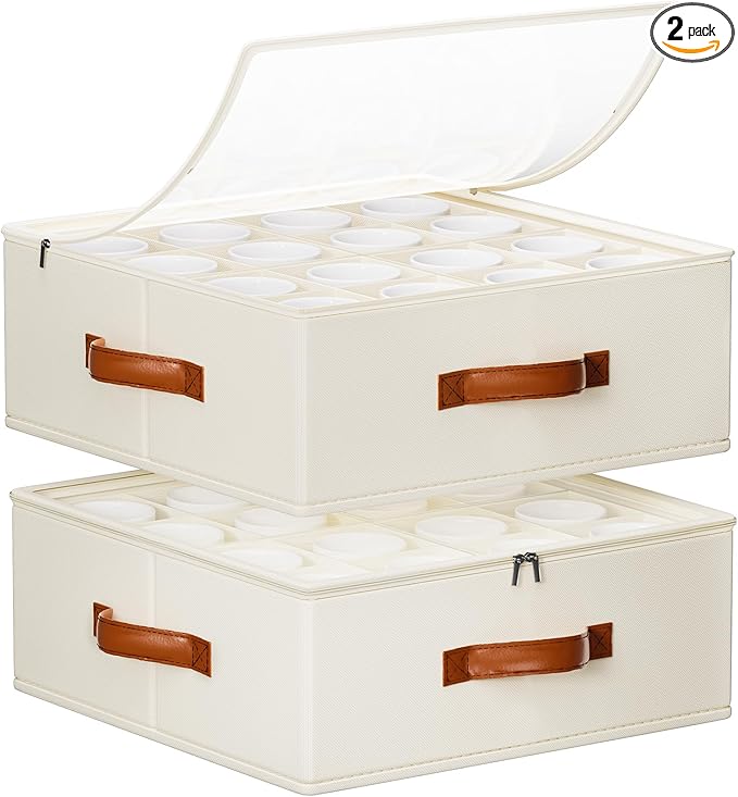 2 Pack Coffee Mug Storage Box with Dividers, Stackable China Storage Containers with Lid, Zipper, and Handles for 32 Coffee Mugs and Cups, Mug Storage Organizer for Packing & Moving, Beige