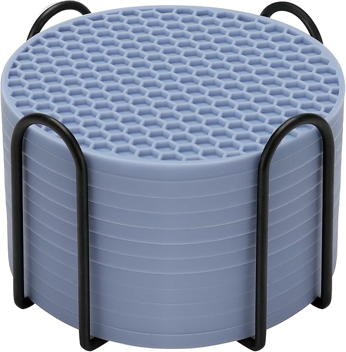 Silicone Coaster Set of 12 with Holder, Drinks Coasters, Beer & Coffee, Suitable for All Cups, Hot or Cold, Anti-Slip, Non-Stick, Anti-Overflow Tabletop Protection and Decor (12 Pcs, Blue)
