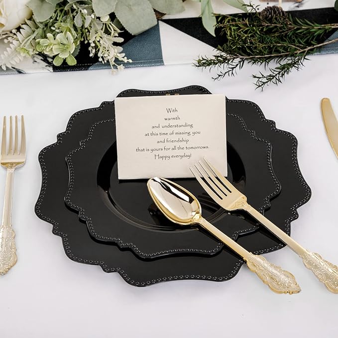 COLOSUS Black Plastic Plates Set,Heavy Duty Black Disposable Plates for 30 guests,Include 30PCS 10.5inch Dinner Plates and 30PCS 8.25 inch Dessert Plates for Party/Wedding/New Year/Birthday