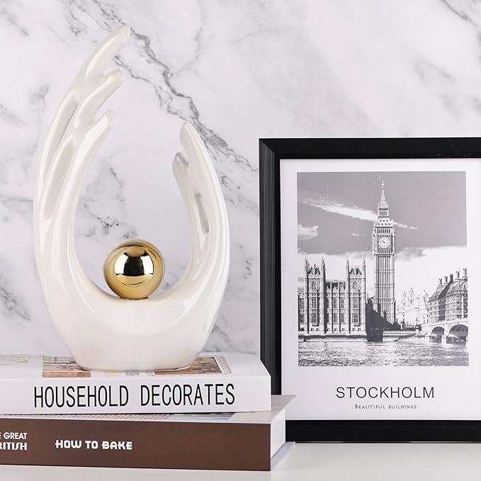 12" H White Gold Aesthetic Room Decor Accent, TV Stand Funky Table Centerpiece, Abstract Art Ceramic Statue and Sculpture, White Decor for Living Room, Bookshelf Decorative Objects, Shelf Decor