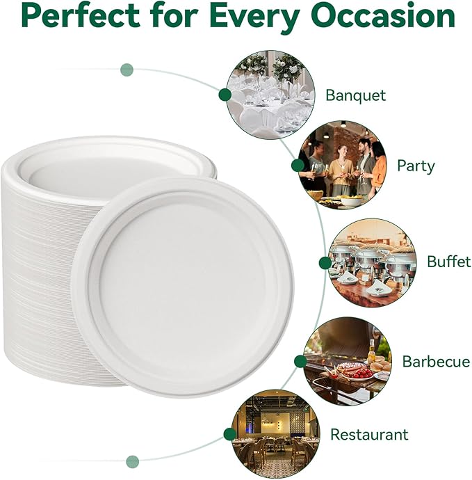 JOLLY CHEF 100% Compostable Paper Plates, 150 Pack 9 Inch Heavy Duty Plates, Disposable Biodegradable Eco-Friendly Sugarcane, Bulk White