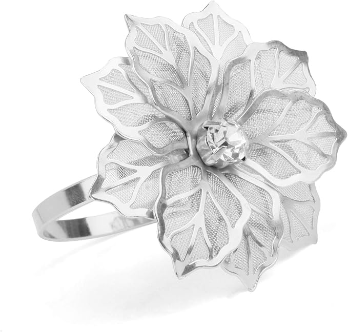 Picowe Set of 12 Alloy Napkin Rings with Hollow Out Flower Napkin Ring Holders for Wedding Party Holiday Banquet Christmas Dinner Delicate Serviette Buckles Decor Favor (Silver)