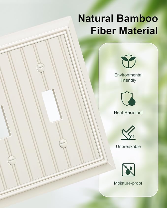 2-Pack Classic Beadboard Double Toggle Light Switch Cover Plate, Durable Natural Bamboo Fiber Decorative Switch Plate Covers, Light Almond 2 Gang Wall Plate