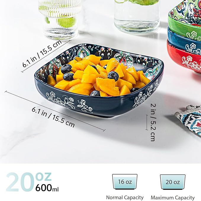 HENXFEN LEAD Boho Ceramic Square Bowls – 20 oz Colorful Bowls for Snacks, Dessert, Side Dishes, Pasta - 6 Inches Appetizer Plates Set of 6, Microwave & Dishwasher Safe