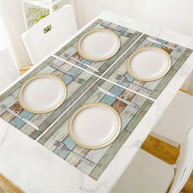 Rustic Plank Placemat Set, Vintage Old Shabby Colorful Beige Green Blue Farmhouse Barn Wooden Board Pattern Home Decor Linen Table Mats for Dining Room Kitchen Party (17x12in) x4P