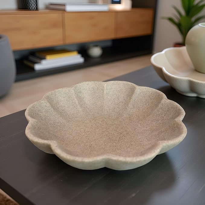Large Handmade Decorative Bowl decor, Scalloped Pedestal Bowls for Modern Home Decor,Ruffle Decor,Stylish Key Bowl for Entry Table,Decorative Fruit Bowl for Kitchen Counter,Artificial Stone Beige