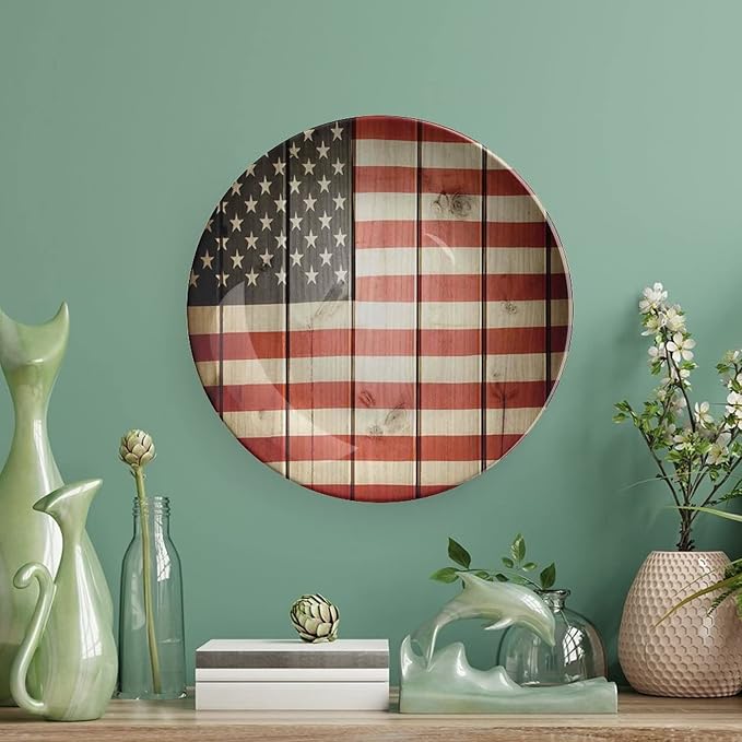 Ceramic Plates, American Flag Decor Decorative Ceramic Plates, USA Flag Over Vertical Striped Wooden Board, 8 Inch, for Dining, Parties, Wedding, Blue Red