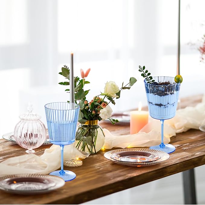 48 PCS Blue Ribbed Plastic Wine Glasses 13.5 OZ Ribbed Wine Glasses Detachable Wine Glass Elegant Fluted Glassware Vintage Style for Wedding Anniversary Birthday Dinner Parties(Blue, 48 Pack)