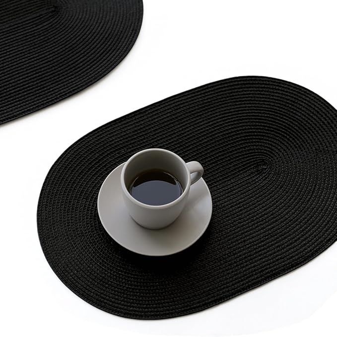 FunWheat Oval Braided Placemats Set of 6 Table Mats for Dining Tables Washable Heat Resistant Place mats for Daily Use 12 x18 Inch (Oval Black, 6pcs)