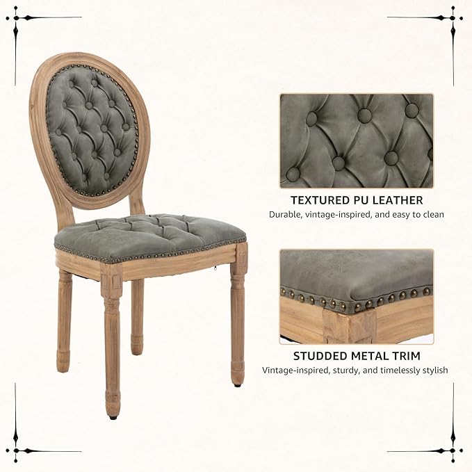 Vintage French Dining Chairs Set of 8, Round Back PU Leather Upholstered Side Chairs with Nailhead Trim and Solid Wood Frame, Sillas de Comedor for Dining Room & Kitchen, Olive Green