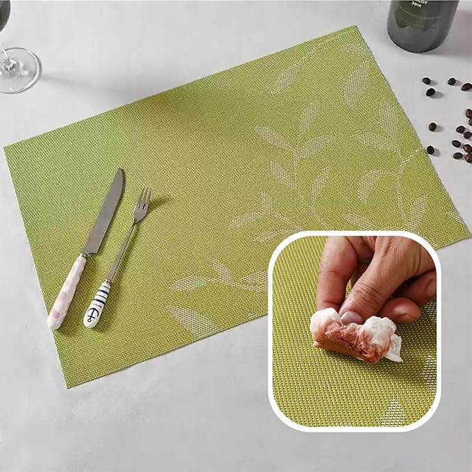 Leaf Placemats Set of 4 Non-Slip Heat-Resistant Vinyl Washable Place Mats for Kitchen Table Indoor Outdoor Durable (18"x12", Green)