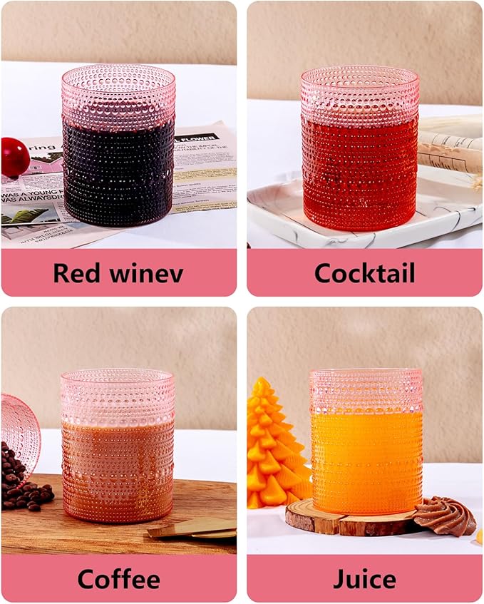 YOUBET 24PCS Plastic Drinking Glasses - 14OZ Pink Hobnail Drinkware Glasses - Vintage Glassware Textured Beaded Cups for Water, Beer, Whiskey, Juice and Various Mixed Drinks Valentines Day