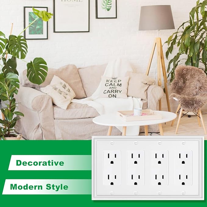 White Modern Decorative Wall Plate Light Switch Cover Decorator Outlet Covers Rocker Switch Plates Bamboo Fiber Material Wall Plates for Kitchen Bathroom (4 Gang Quad Decorator-1 Pack)