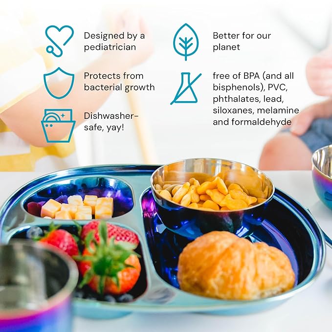 Ahimsa Stainless Steel Kids Plate, Pediatrician Designed Divided Toddler & Baby Plates, Non Toxic, Unbreakable & Dishwasher Safe, Iridescent Blue