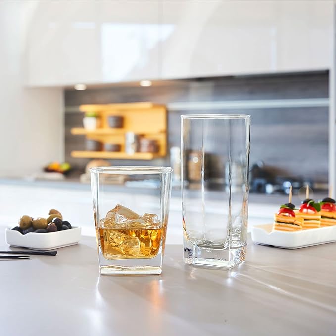 Le'raze Everyday Drinking Glasses Set of 8 Drinkware Kitchen Glasses for Cocktail, Iced Coffee, Beer, Ice Tea, Wine, Whiskey, Water, 4 Tall Highball Glass Cups & 4 Short Old Fashioned.
