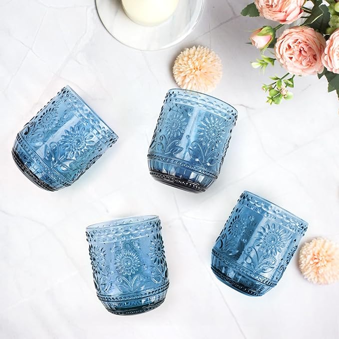 Topsky Vintage Drinking Glass Set of 6,12 oz Embossed Floral Decorative Glassware Set,Glass Cups Wine Glasses Beverages Tumblers Colored Glassware for Whisky,Beer,Juice,Cocktail,Heavy Duty