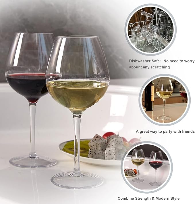 MICHLEY Unbreakable Red Wine Glasses 17 oz, Tritan Plastic Reusable Stemware for Indoor and Outdoor Use, Set of 6