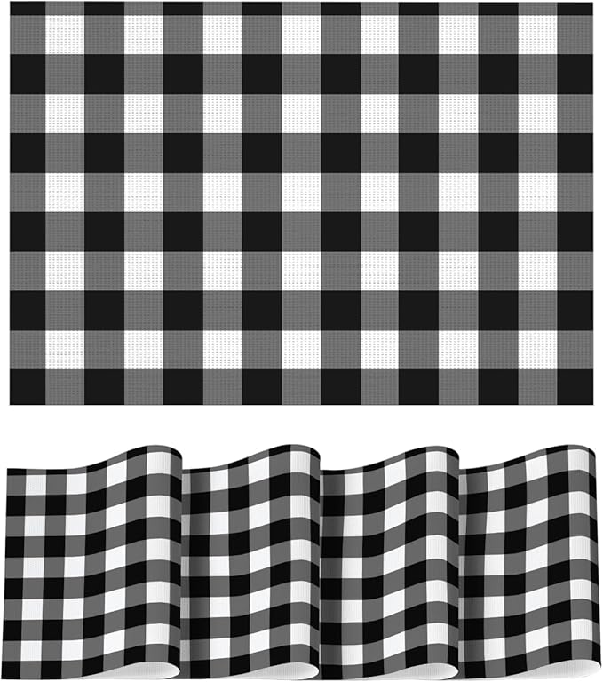 Artoid Mode Buffalo Plaid Vinyl Placemats Set of 4, 12x18 Inch Washable Non-Slip Heat Resistant Plastic Place Mats for Party Dining Table, Black/White