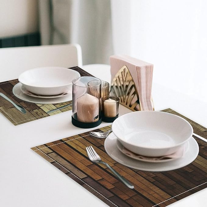 Retro Plank Placemat Set, Rural Old Shabby Brown Beige Farmhouse Barn Wooden Board Pattern Home Decor Linen Table Mats for Dining Room Kitchen Party (17x12in) x6P
