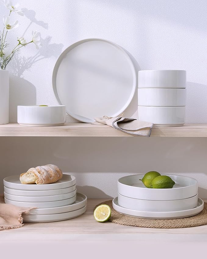 Famiware Nebula Dinnerware Sets with Mugs, Service for 4 (16 Pieces), Fine Stoneware Plates and Bowls Sets, Microwave and Dishwasher Safe Dishes Set, White