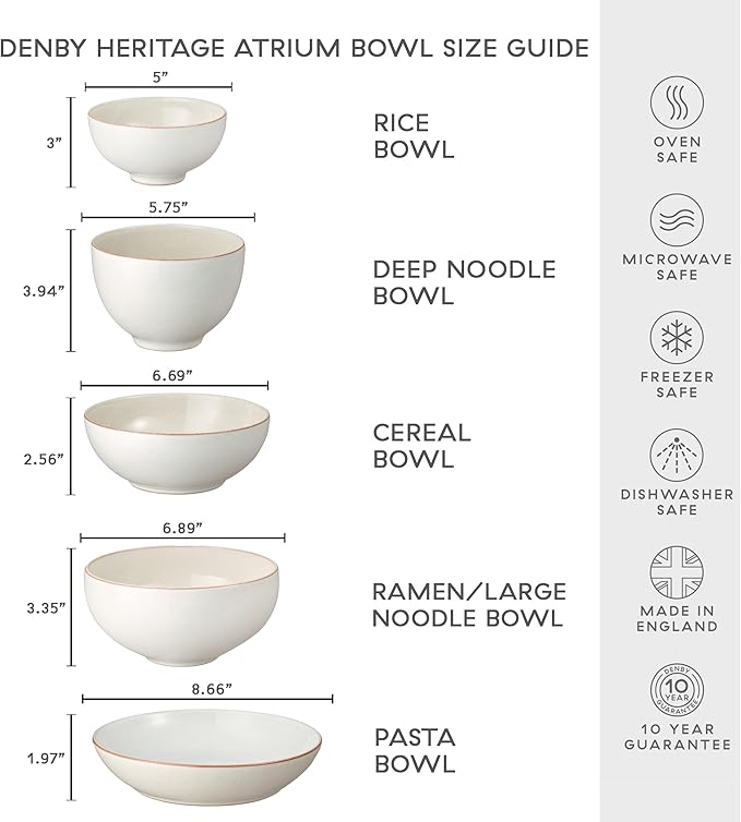 Denby - Heritage Atrium Cereal Bowls Set of 4-27.7oz Natural Ceramic Stoneware Tableware Set - Dishwasher Microwave Oven Safe - Scratch Chip Resistant - Everyday Dinnerware Soup, Dessert Bowls
