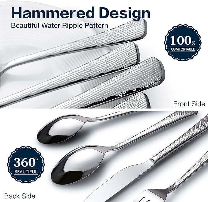 KINGSTONE Hammered Silverware Set, 30-Piece Flatware Set, 18/10 Stainless Steel Premium Cutlery with Unique Ripple Handles Design Mirror Polished - Dishwasher Safe