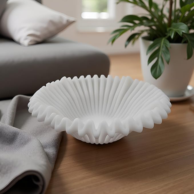 Large Decorative Bowl decor, Scalloped Pedestal Bowls for Modern Home Decor,Ruffle Decor,Stylish Key Bowl for Entry Table,Decorative Fruit Bowl for Kitchen Counter,Artificial Stone Milky White