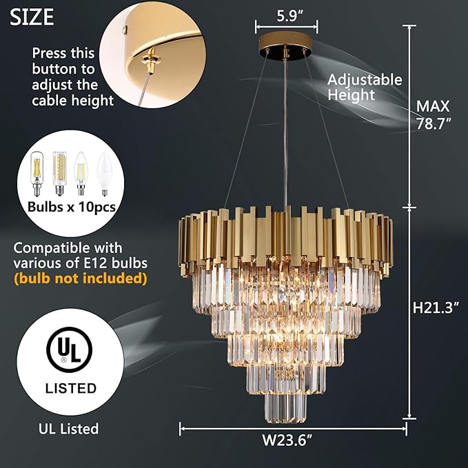 Modern Crystal Chandelier Gold Round Chandeliers Light Fixture for Dining Room Raindrop Pendant Ceiling Lighting Foyer Hallway Entryway Chandelier 5-Tier 10 Lights W23.6